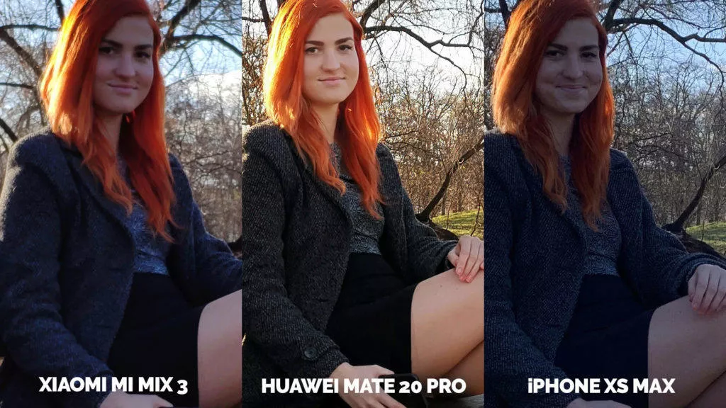 Fototest Xiaomi Mi Mix 3 vs Huawei Mate 20 Pro vs Apple iPhone XS Max modelka proti svetlo detail