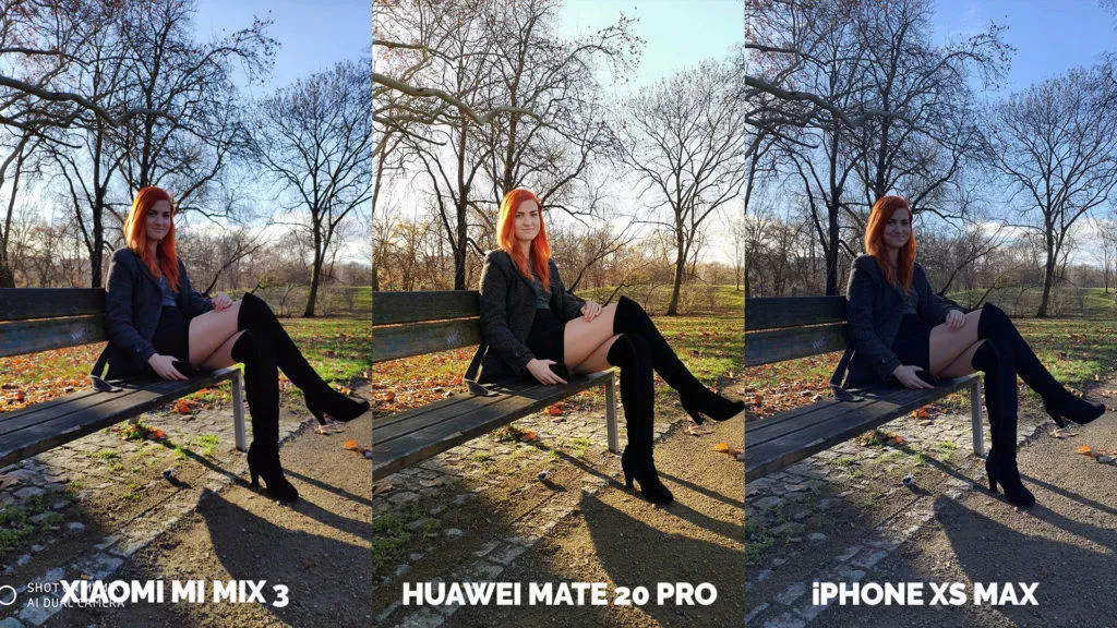 Fototest Xiaomi Mi Mix 3 vs Huawei Mate 20 Pro vs Apple iPhone XS Max modelka protisvetlo