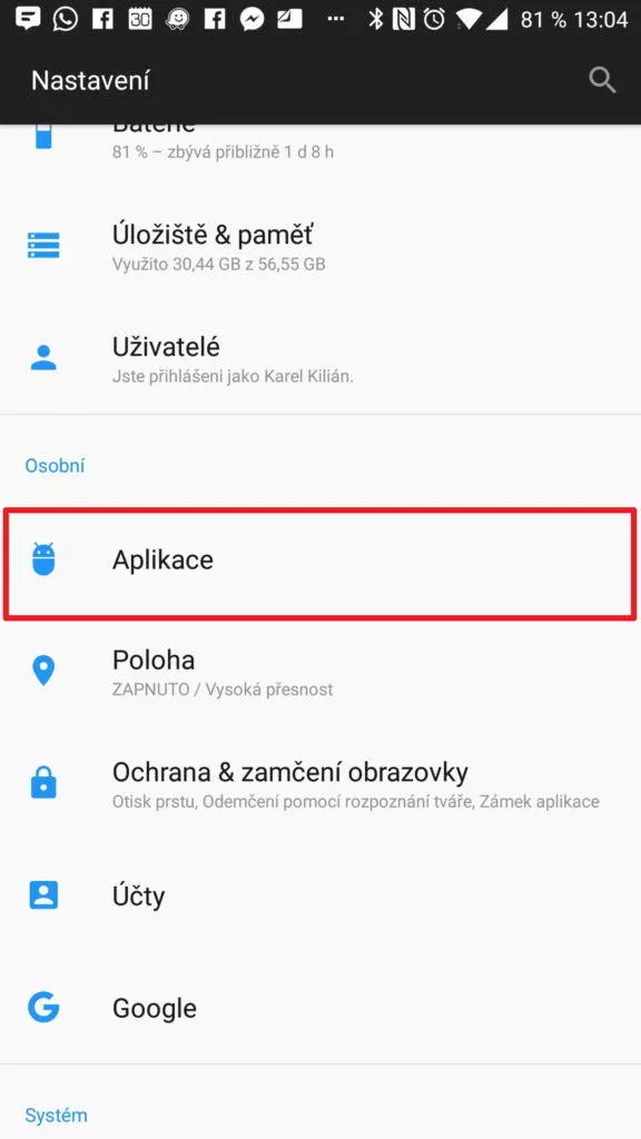 Sekce Aplikace v systémovém nastavení