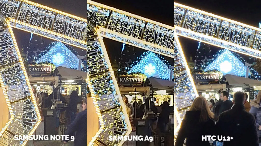 Srovnání fotoaparátů Samsung Galaxy A9 vs Samsung Galaxy Note 9 vs HTC U12+ nocni ulice detail