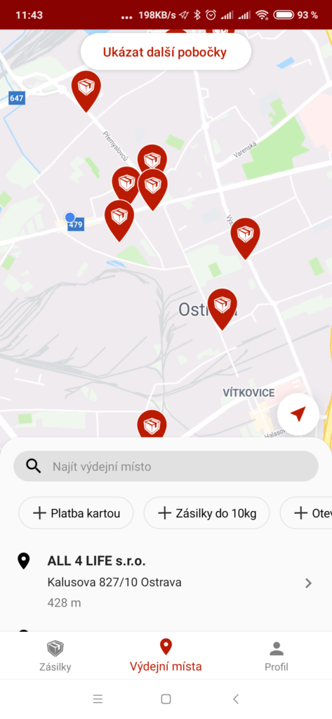 Zobrazení poboček v mapě