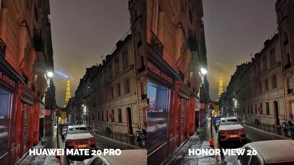 Fototest Honor View 20 vs Huawei Mate 20 Pro nocni ulice pariz