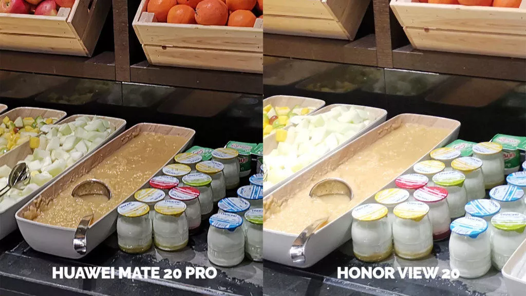 Fototest Honor View 20 vs Huawei Mate 20 Pro svedsky stul jidlo detail