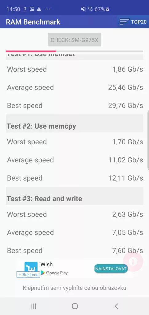 Samsung Galaxy S10 Plus 6GB RAM rychlost ram benchmark