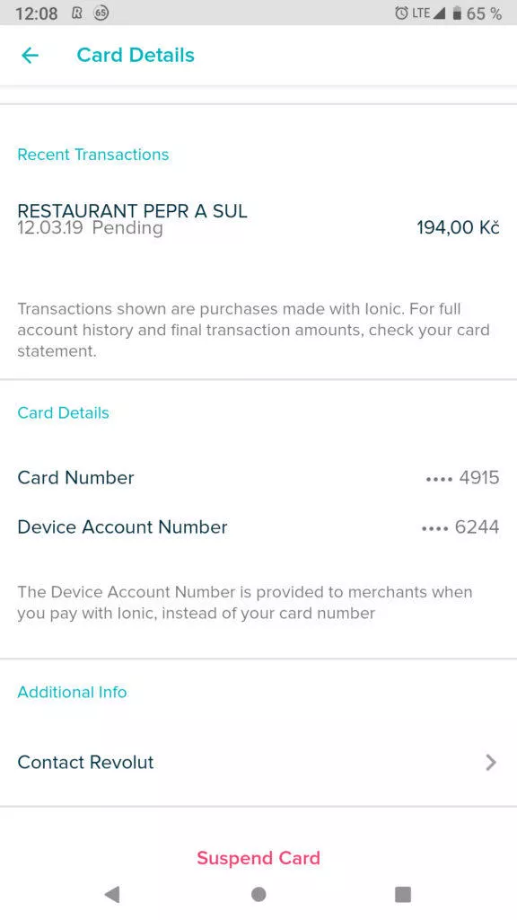 Fitbit Pay Revolut informace o platbě