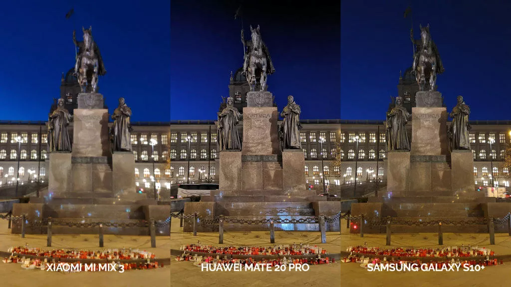 Noční fototest Samsung Galaxy S10+ vs Huawei Mate 20 Pro vs Xiaomi Mi Mix 3 socha svatého václava
