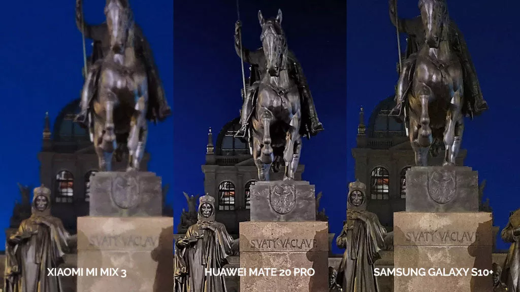 Noční fototest Samsung Galaxy S10+ vs Huawei Mate 20 Pro vs Xiaomi Mi Mix 3 socha svatého václava detail