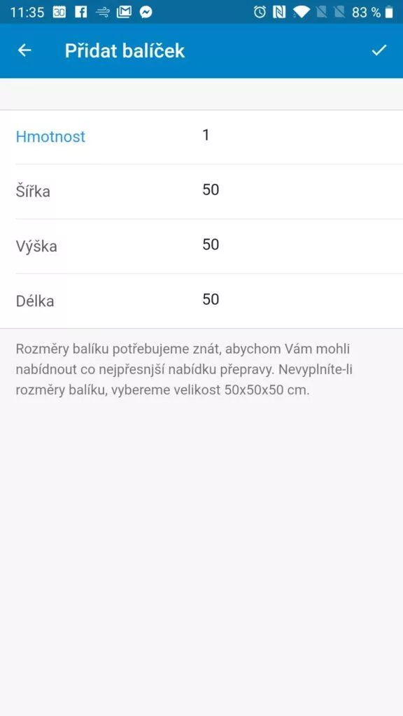 Parametry balíku