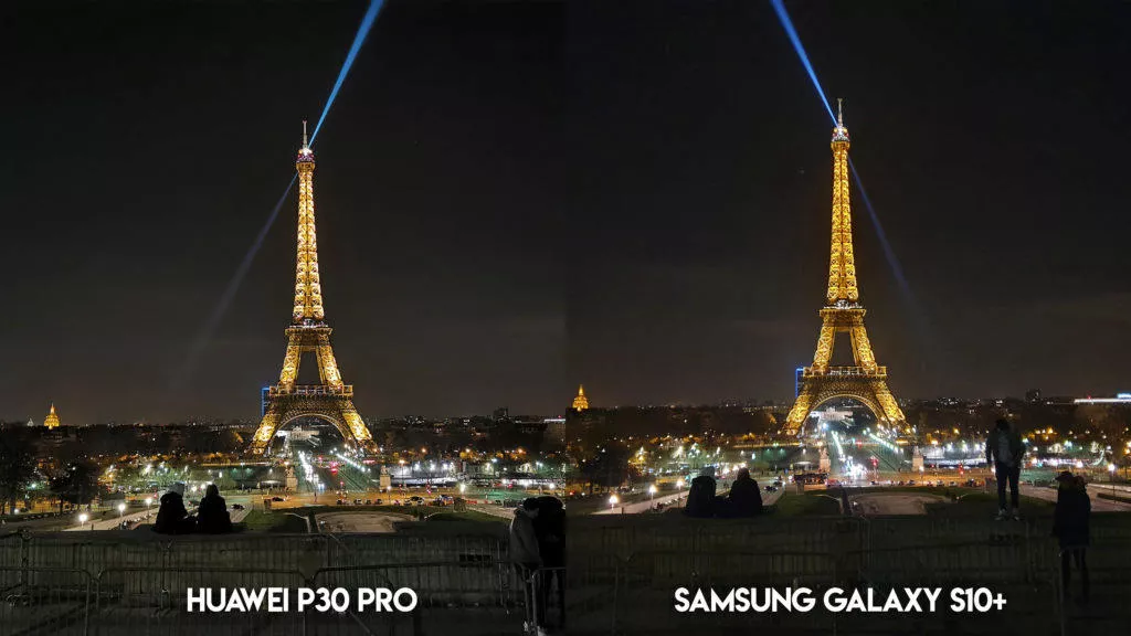 Fototest Huawei P30 Pro vs Samsung Galaxy S10 Plus eiffelova vez noc