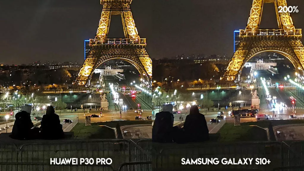 Fototest Huawei P30 Pro vs Samsung Galaxy S10 Plus eiffelova vez noc detail