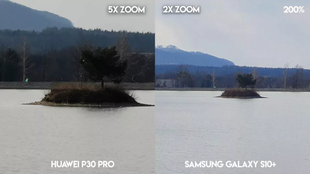 Fototest Huawei P30 Pro vs Samsung Galaxy S10 Plus jezero ostrov detail