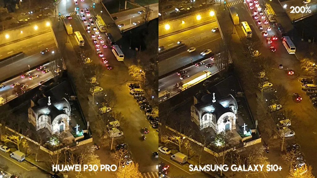 Fototest Huawei P30 Pro vs Samsung Galaxy S10 Plus noční ulice detail