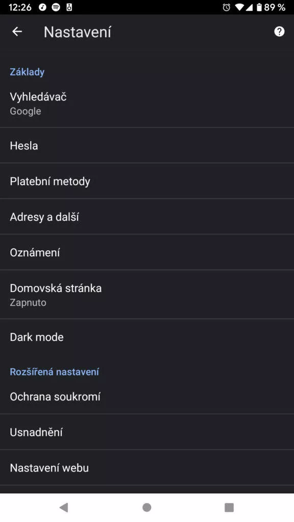 Google Chrome 74 tmavý režim nastavení