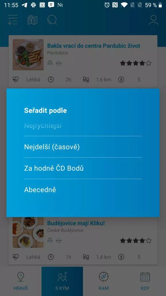 Možnosti řazení výletů