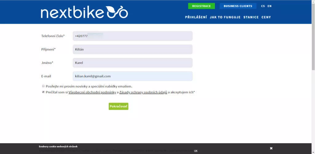 Registrace přes web