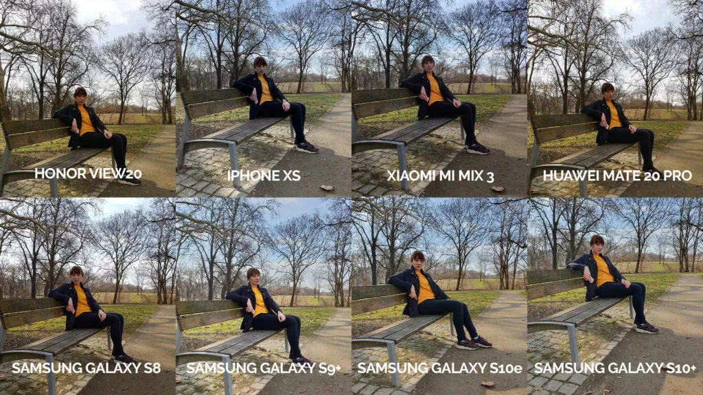 srovnání fotomobilů galaxy s8 s9 s10 mate 20 pro mi mix 3 view 20 iphone xs lavička modelka