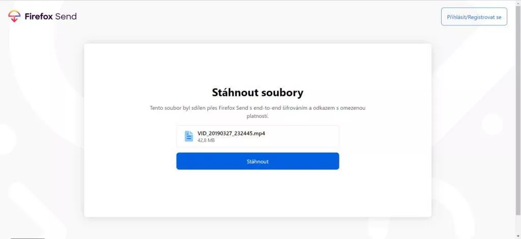 Stránka Firefox Send pro stažení souborů