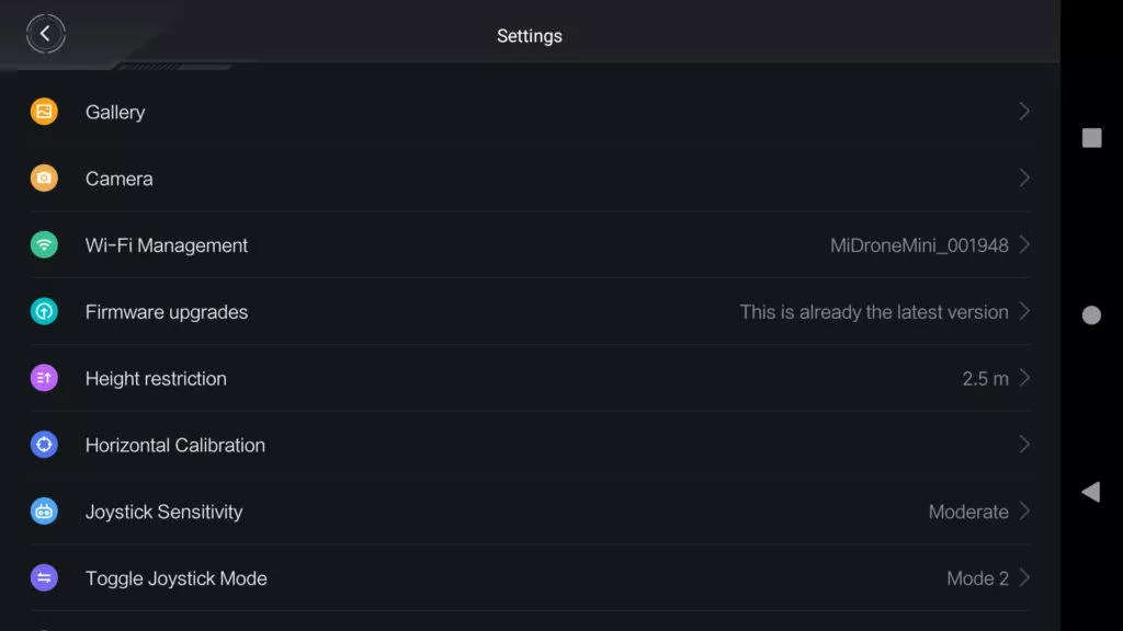 XiaomiMiDroneMini aplikace menu nastaveni