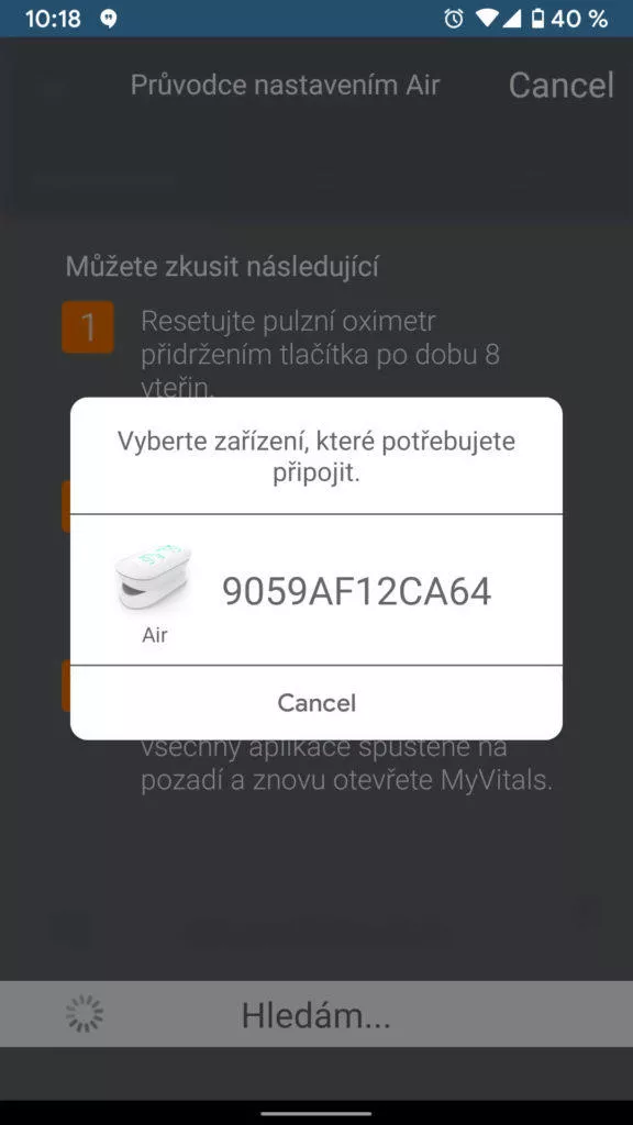 aplikace ihealth myvitals oxymetr pripojeni
