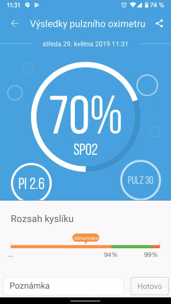 aplikace ihealth myvitals oxymetr vysledek