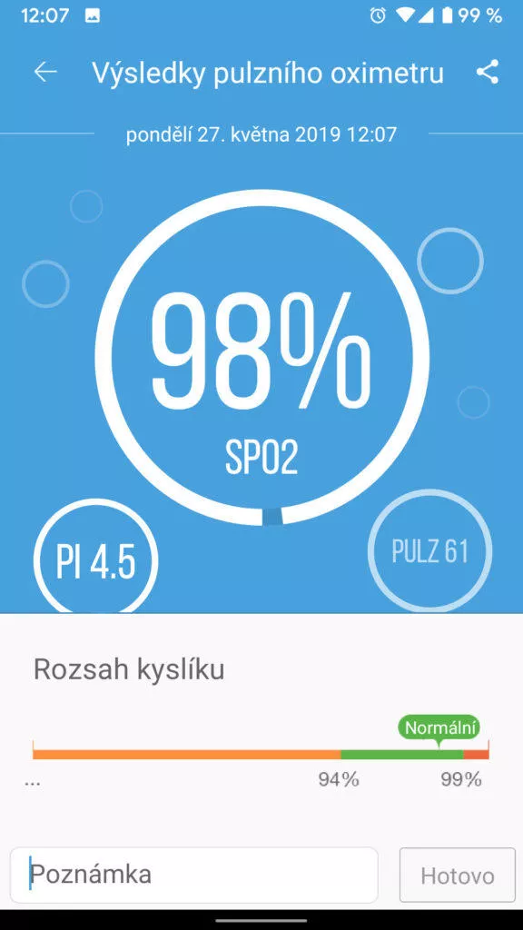 aplikace ihealth myvitals oxymetr vysledek mereni