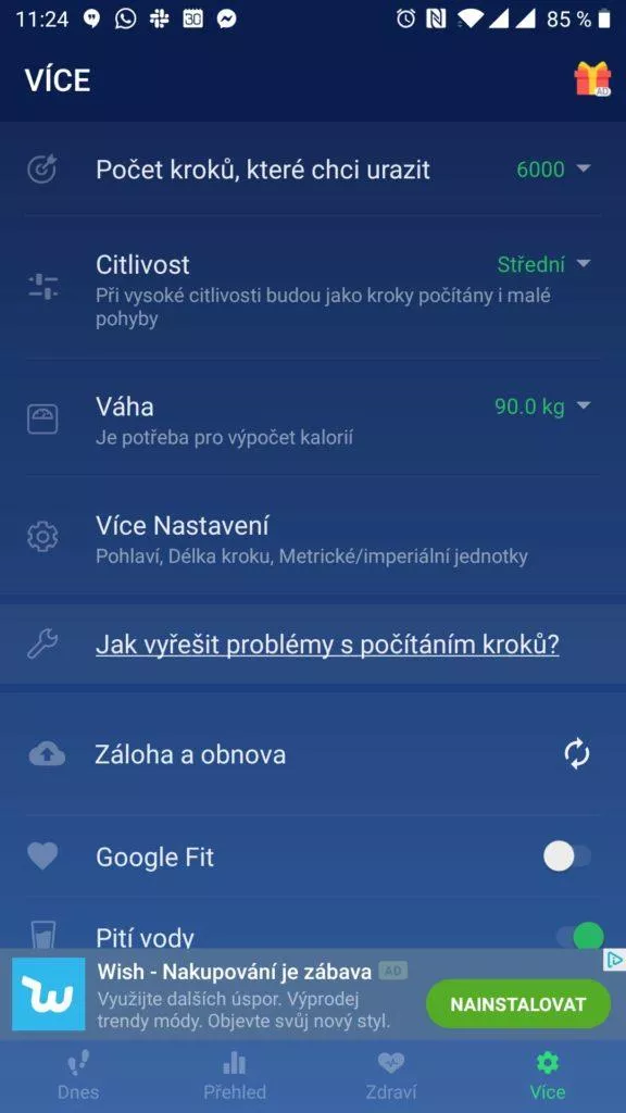 Nastavení aplikace Krokoměr