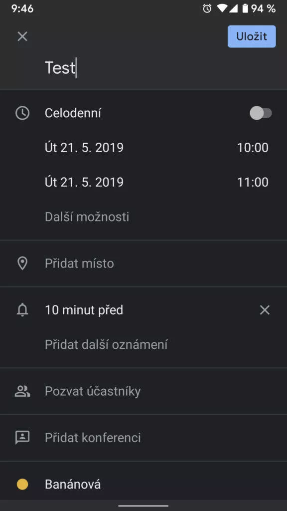 Tmavý režim Google Kalendář nová událost