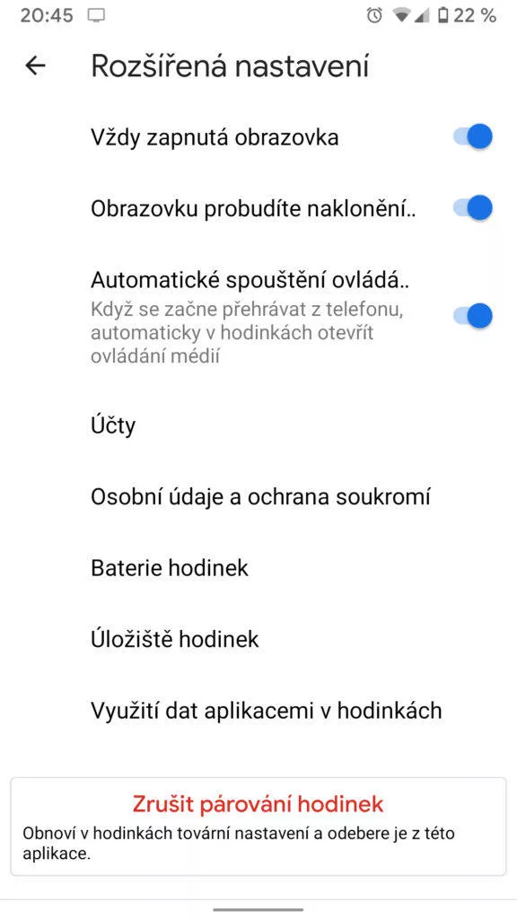 Wear OS aplikace nastavení