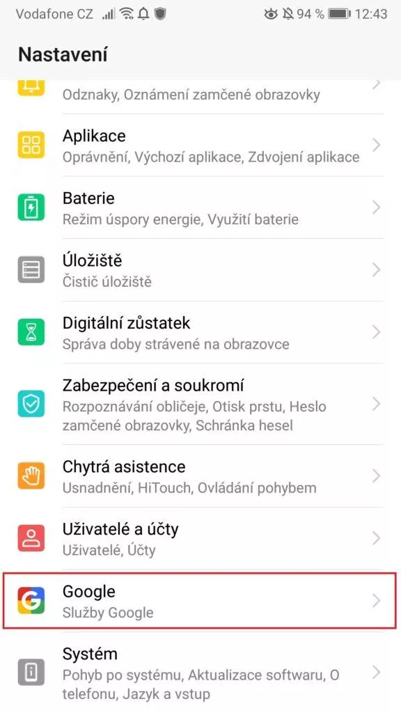 Android nastavení - Google