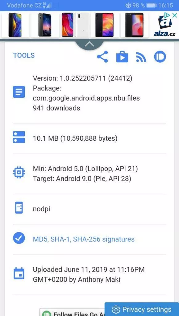 Google Files - stáhnout tmavý režim