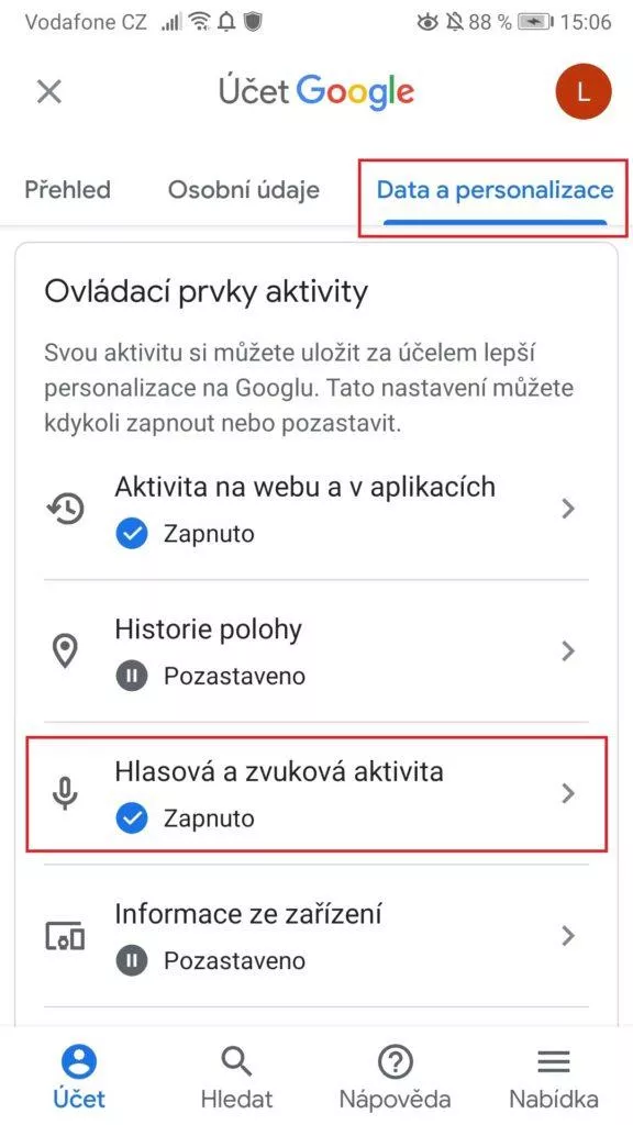 Google - hlasová a zvuková aktivita