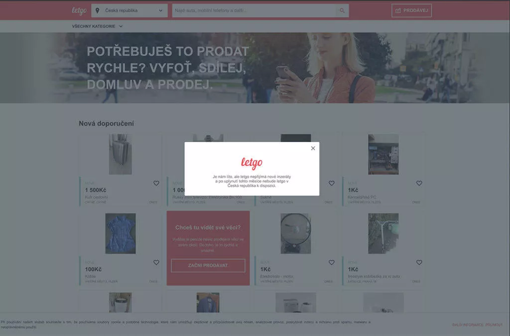 Oznámení na webu - Letgo končí