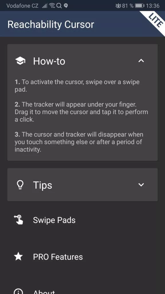 Mobil - ovládání jednou rukou - aplikace Reachability Cursor