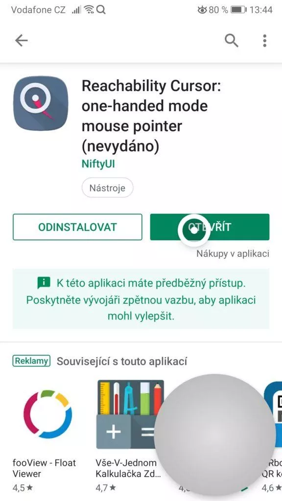 Režim ovládání jednou rukou na telefonu - Reachability Cursor
