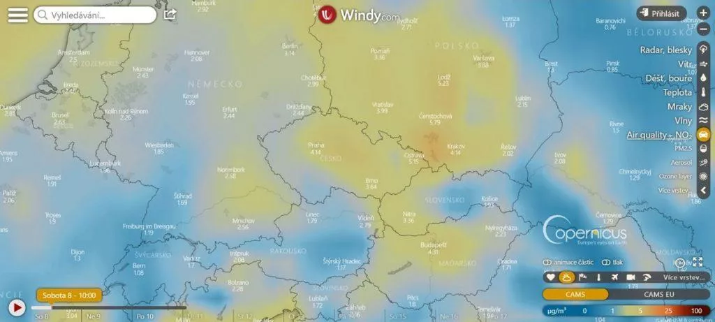 Počasí Windy - kvalita ovzduší - Česká republika