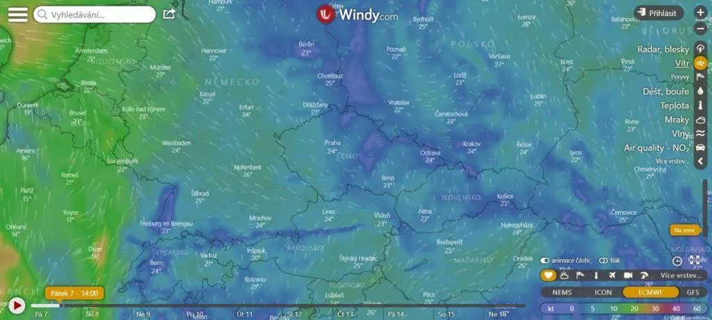 Předpověď počasí Windy - mapa větru