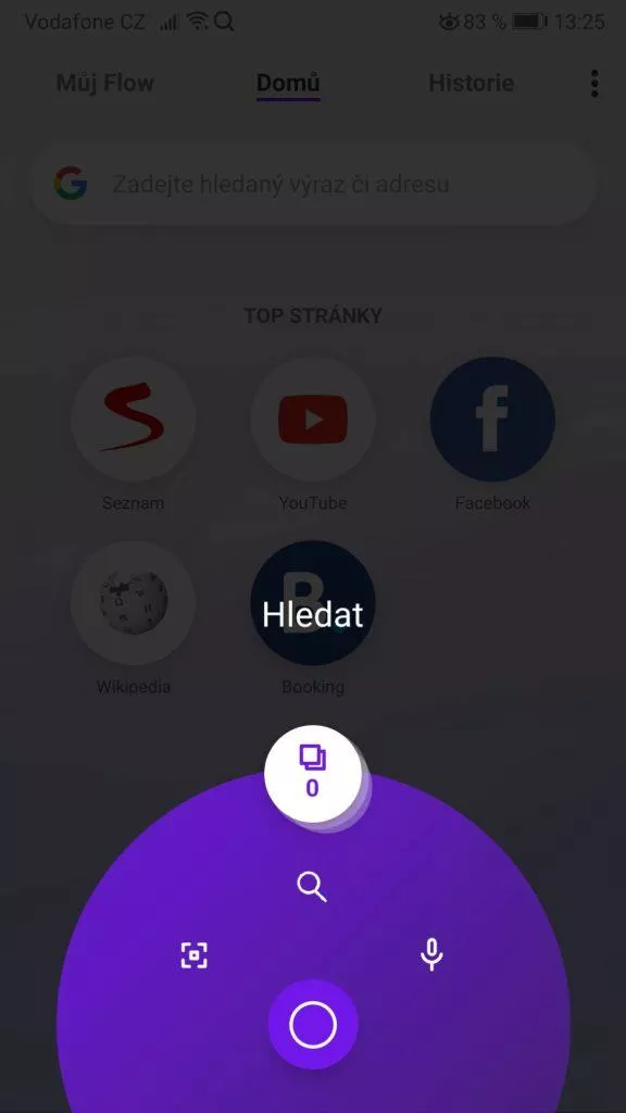 Smartphone - ovládání jednou rukou - prohlížeč Opera