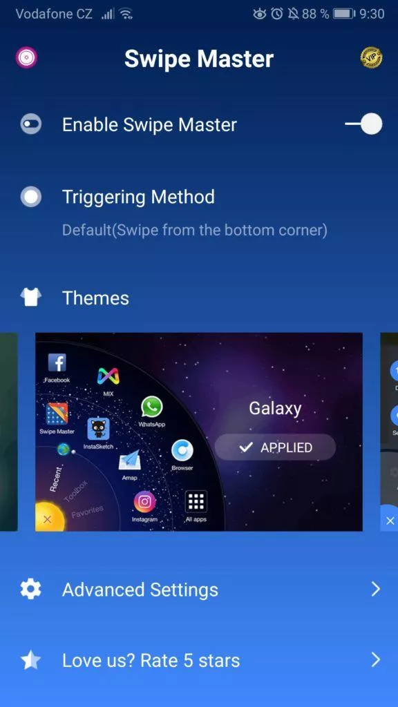 Swipe Master aplikace - prostředí