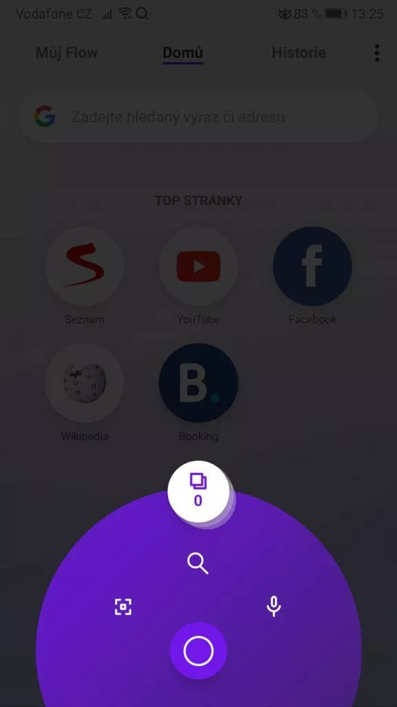Telefon - ovládání jednou rukou - prohlížeč Opera