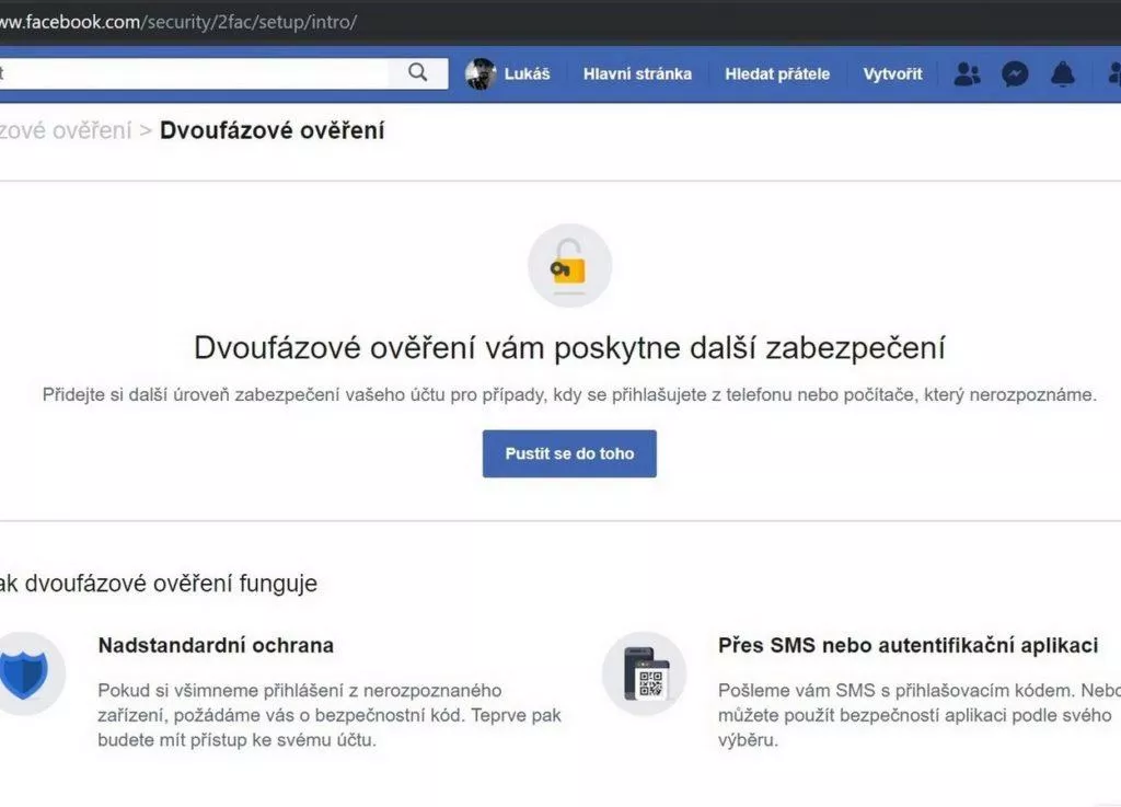 Facebook - jak nastavit dvoufázové ověření