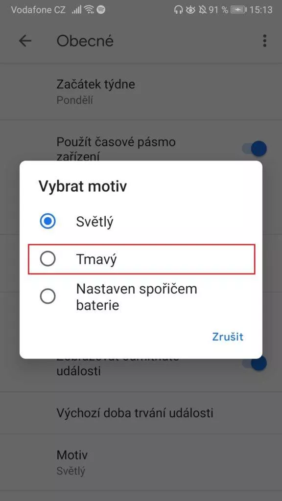 Google kalendář - tmavý režim