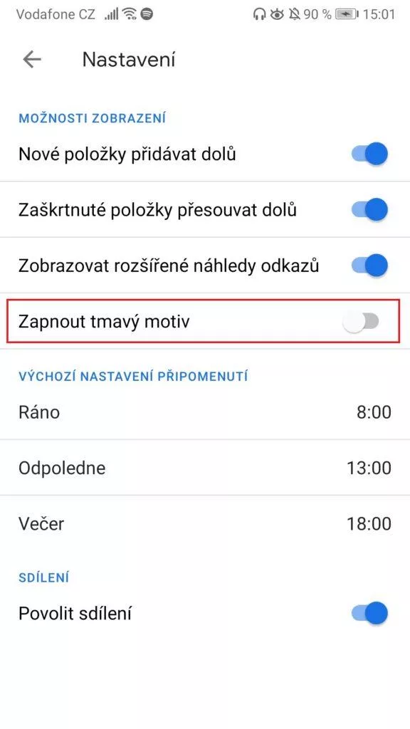 Google poznámky - jak zapnout tmavý režim