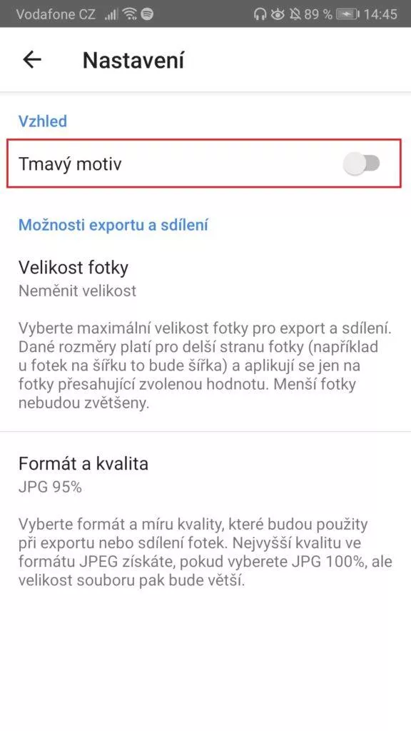 Jak zapnout temný režim - Snapseed