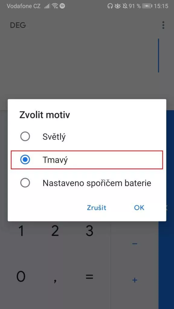 Kalkulačka Google - tmavý režim