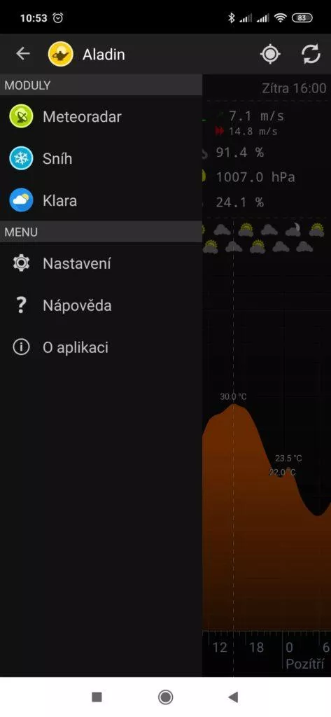 Postranní nabídka aplikace Aladin