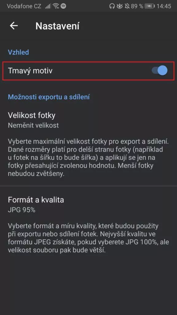 Snapseed - tmavý režim