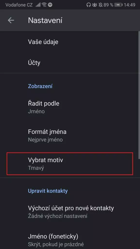Tmavý režim - Google kontakty