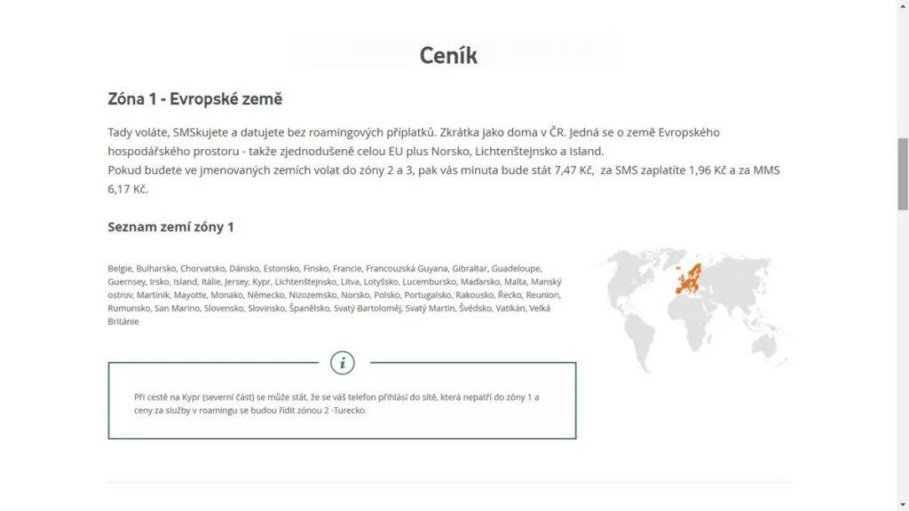 Vodafone Roaming - ceník zóna 1