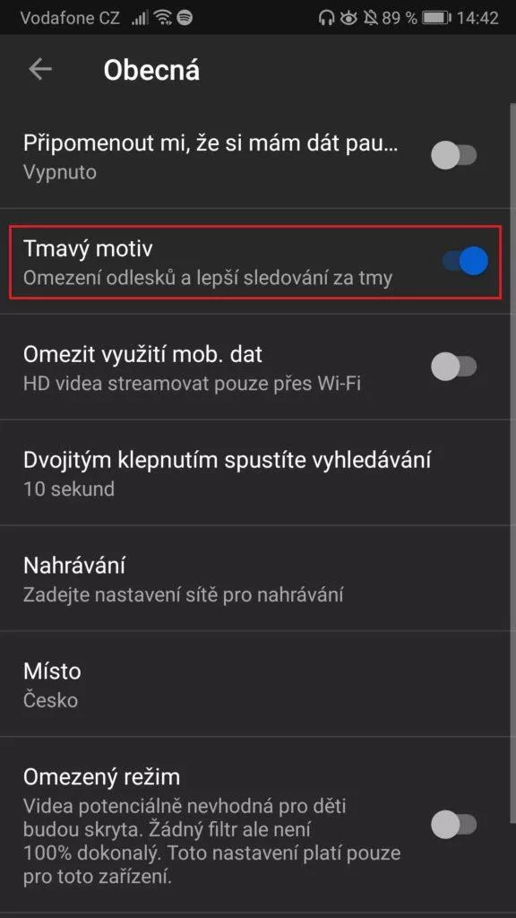 Youtube - tmavý režim