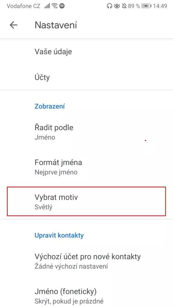 Zapnout temný režim - Google kontakty